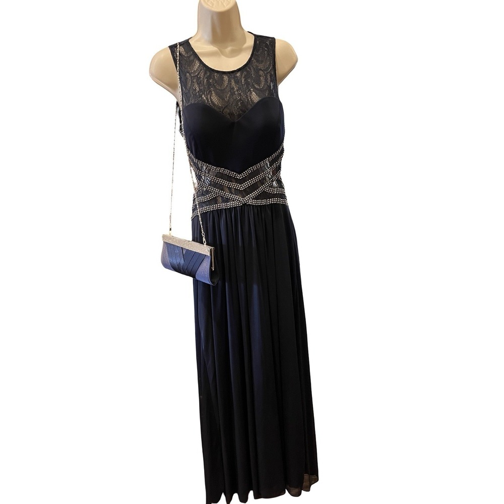 Blondie Nites Juniors Navy Open Back Ball Gown Dress 9 Rhinestones Lace W/ Bag
